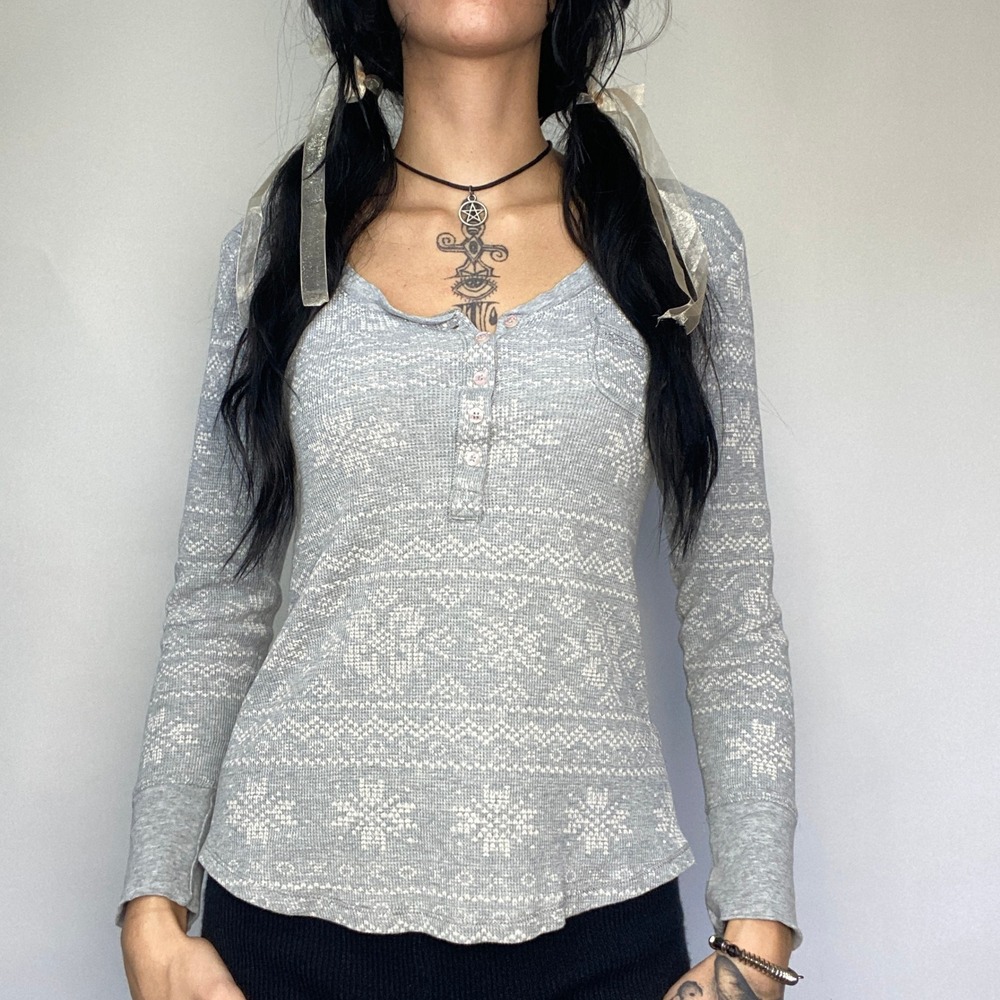 Victoria's Secret Gray Fair Isle Nordic Print Thermal Henley Long Sleeve Top 8/9